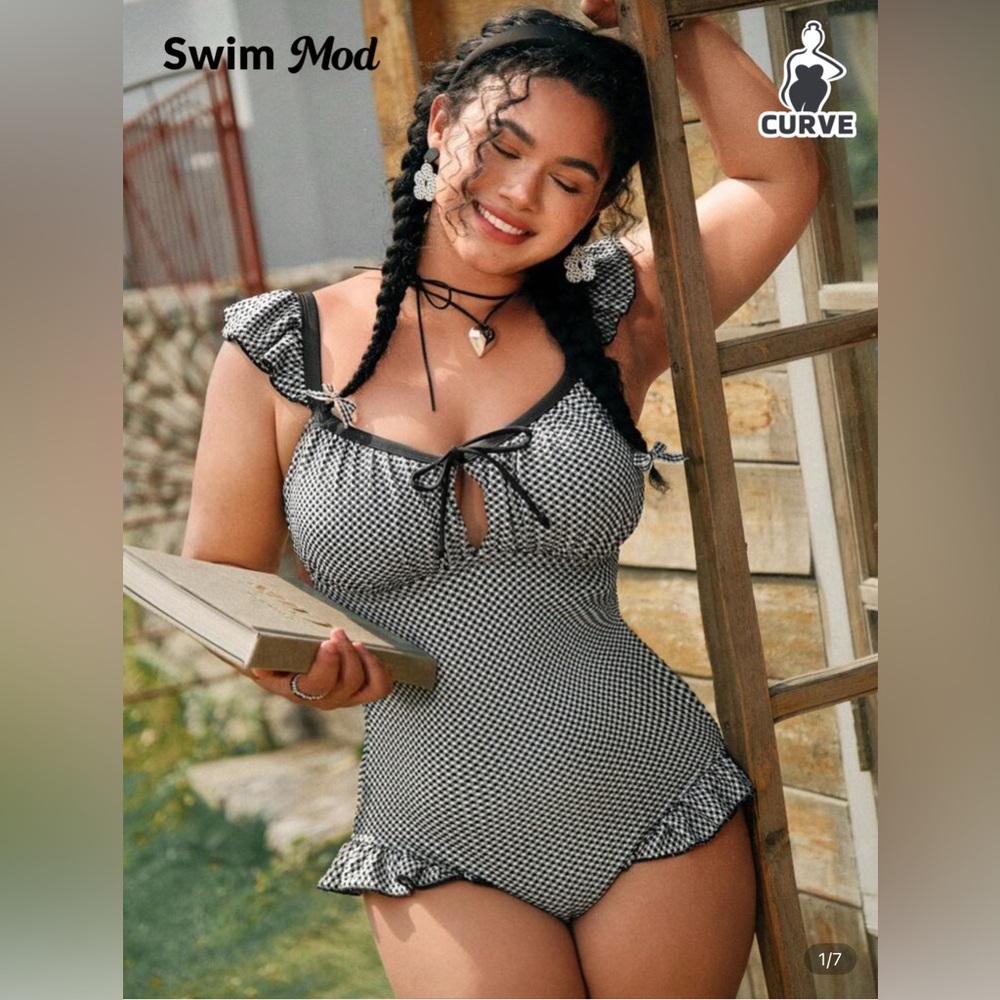 NWT SHEIN Curve Mod Plaid Spaghetti Strap Ruffle Trim One Piece Swimsuit Size 14